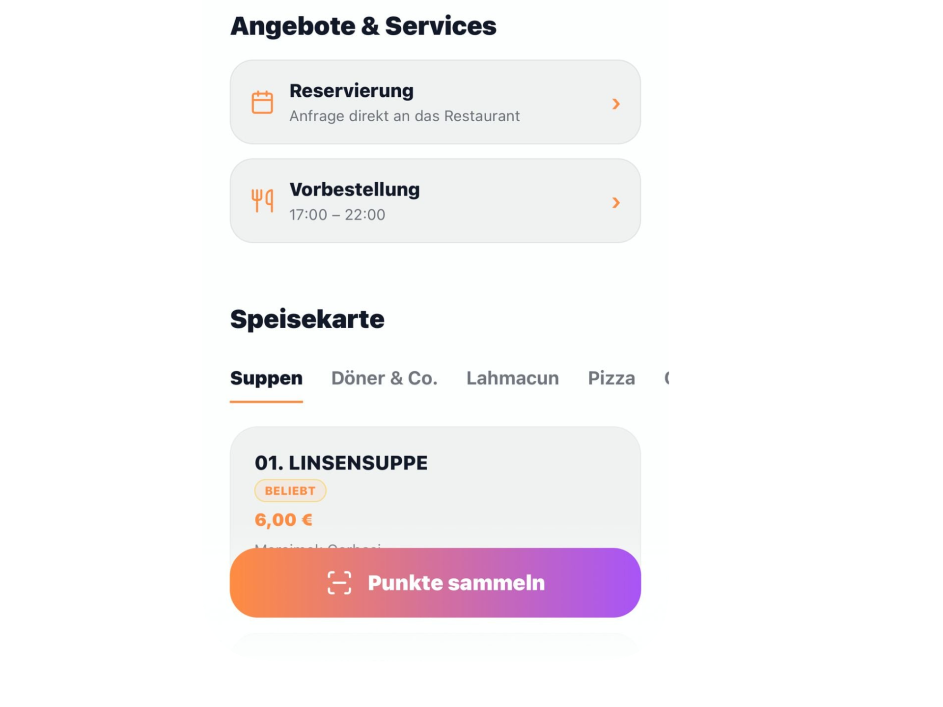 Bountino Gäste-App: Reservierung, Vorbestellung, digitale Speisekarte und Punkte sammeln auf dem Smartphone