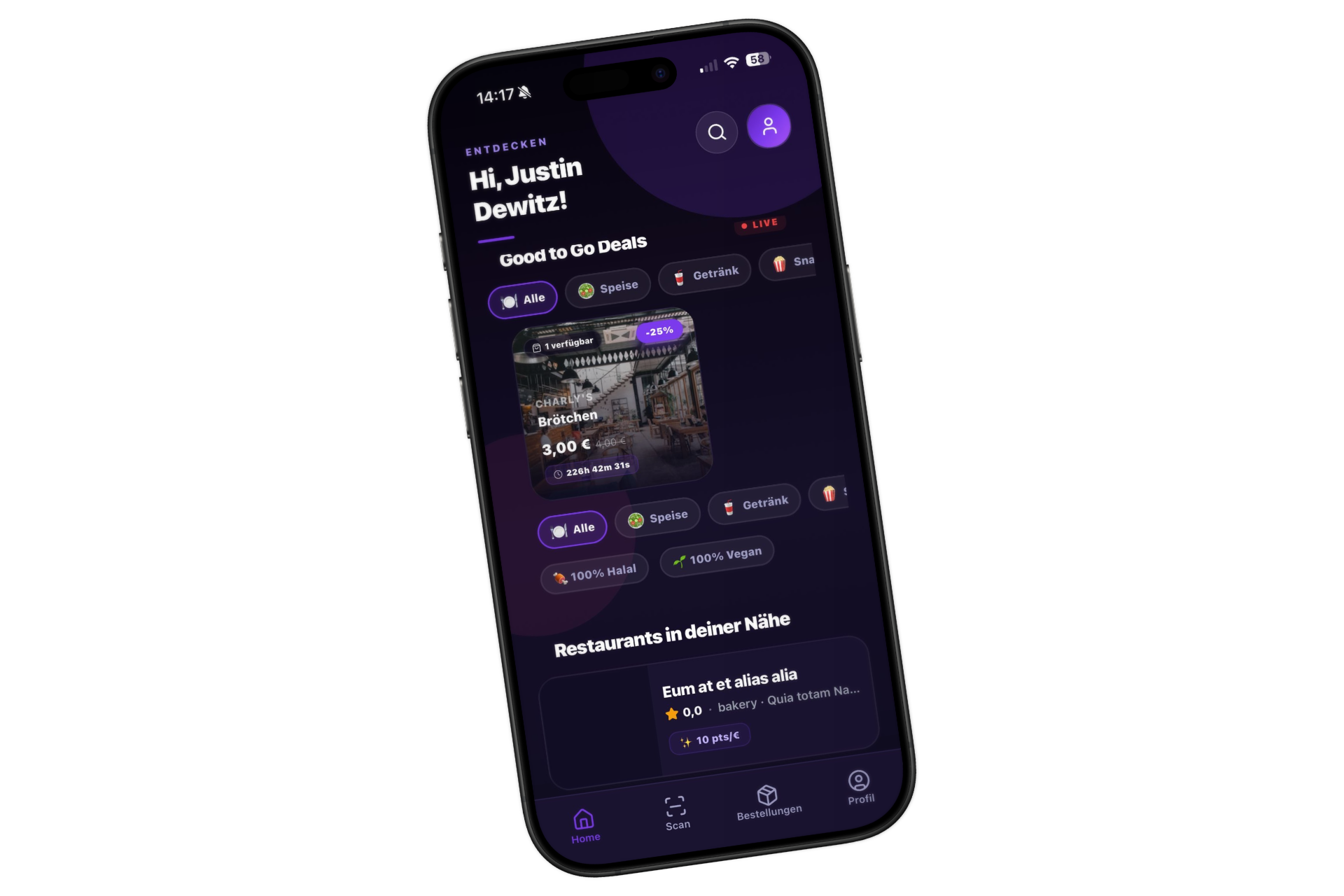 Bountino Gäste-App Entdecken: Restaurants in der Nähe, Good-to-Go-Deals, Filter und Navigation mit Home, Scan, Bestellungen und Profil